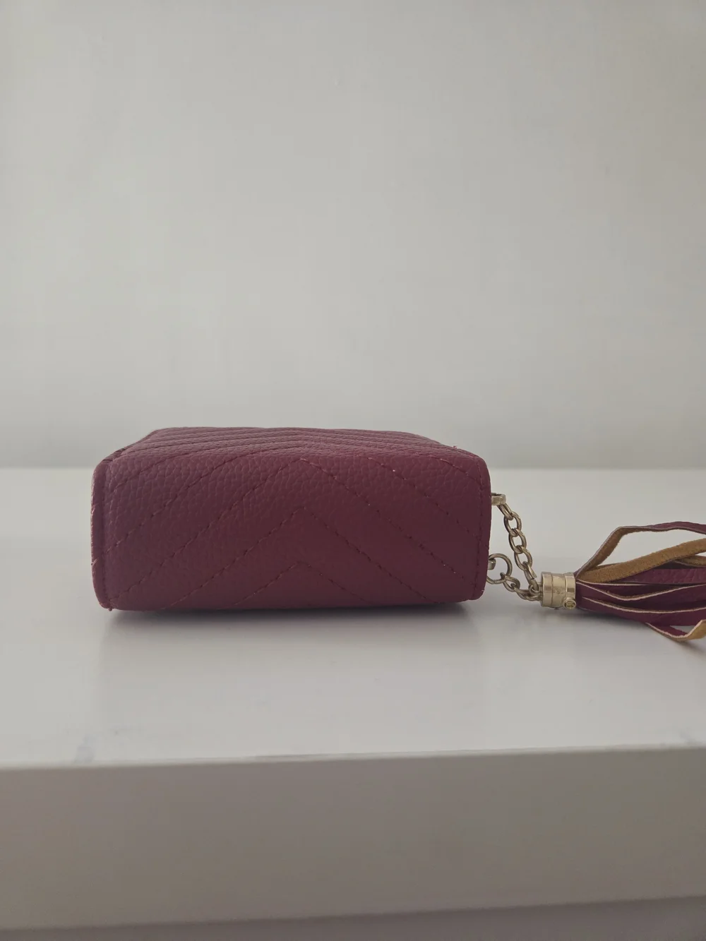 Burgundy Quilted Zip-Around Wallet with Tassel for Women Credit Card